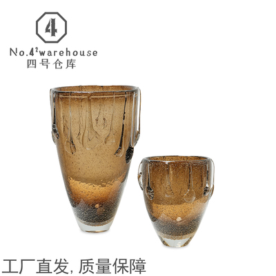 欧式轻奢风金箔大口水滴琉璃花瓶客餐厅桌面创意软装插花饰品摆件