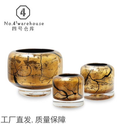 中古复古水晶底金箔琉璃花器洽谈桌售楼处样板间桌面插花软装摆件