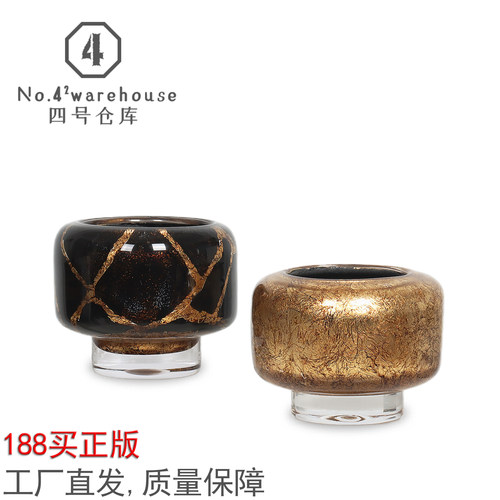 老钱风高级中古金箔水晶底琉璃花瓶客餐厅样板间桌面插花软装饰品