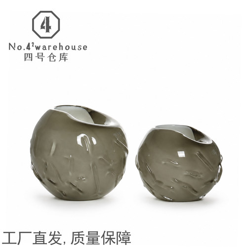 中古风墨绿色球形豁口手工琉璃花器样板间客餐厅插花软装饰品摆件