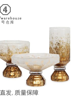 老钱风轻奢金箔高级琉璃果盘花瓶样板间客餐厅玄关插花软装饰摆件