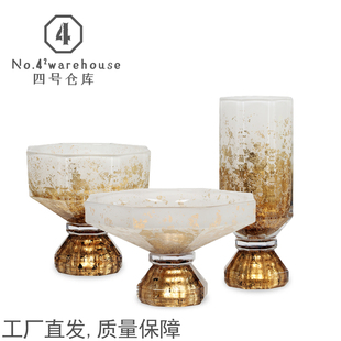 老钱风轻奢金箔高级琉璃果盘花瓶样板间客餐厅玄关插花软装饰摆件