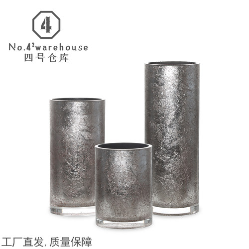 中古轻奢老钱风高端银箔加厚直筒花瓶样板间客餐厅插花软装饰摆件