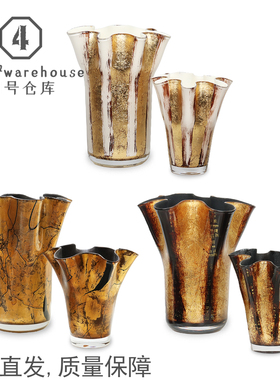 轻奢法式高级黑绿白金箔琉璃花器酒店客餐厅玄关桌面软装花瓶摆件