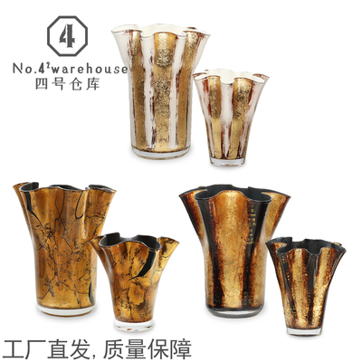 轻奢法式高级黑绿白金箔琉璃花器酒店客餐厅玄关桌面软装花瓶摆件