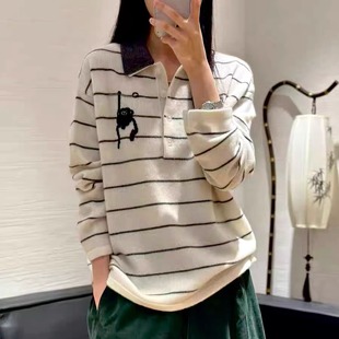 欧洲站2025秋冬新款 欧货女潮polo领撞色条纹小猴子提花羊毛针织衫