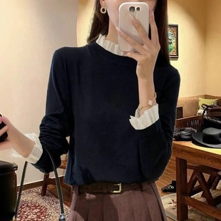 气质网纱拼接立领天丝羊毛T恤打底衫 欧洲站2025秋冬新款 女潮时尚