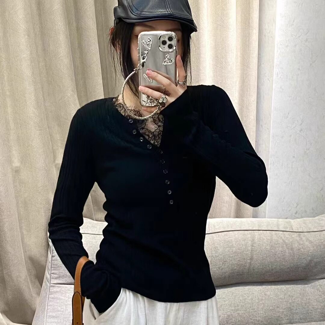 欧洲站2025秋冬新款欧货女潮气质纽扣蕾丝拼接长袖羊毛针织衫上衣,女装/女士精品,毛针织衫,淘宝优惠券,粉丝福利购,淘宝优惠卷