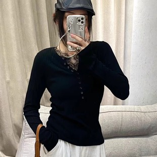 上衣 羊毛针织衫 欧洲站2025秋冬新款 欧货女潮气质纽扣蕾丝拼接长袖
