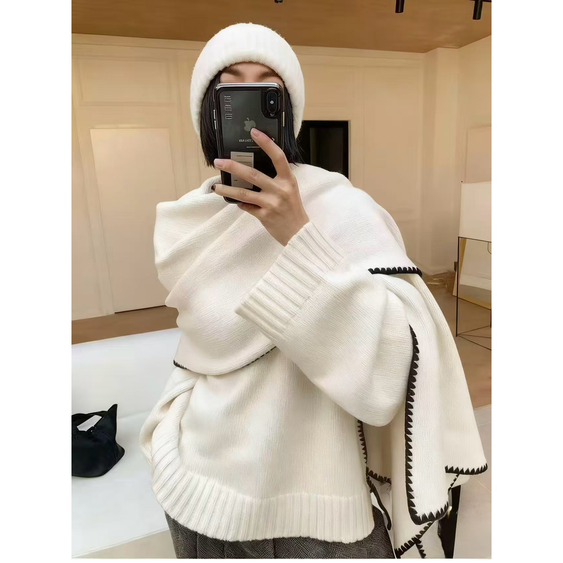 欧洲站2025秋冬新款女潮懒散风休闲圆领羊毛针织衫毛衣围巾两件套