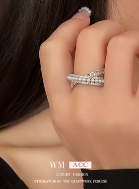 锆石珍珠交叉镂空开口戒指 韩国时尚食指戒 百搭气质手饰女款