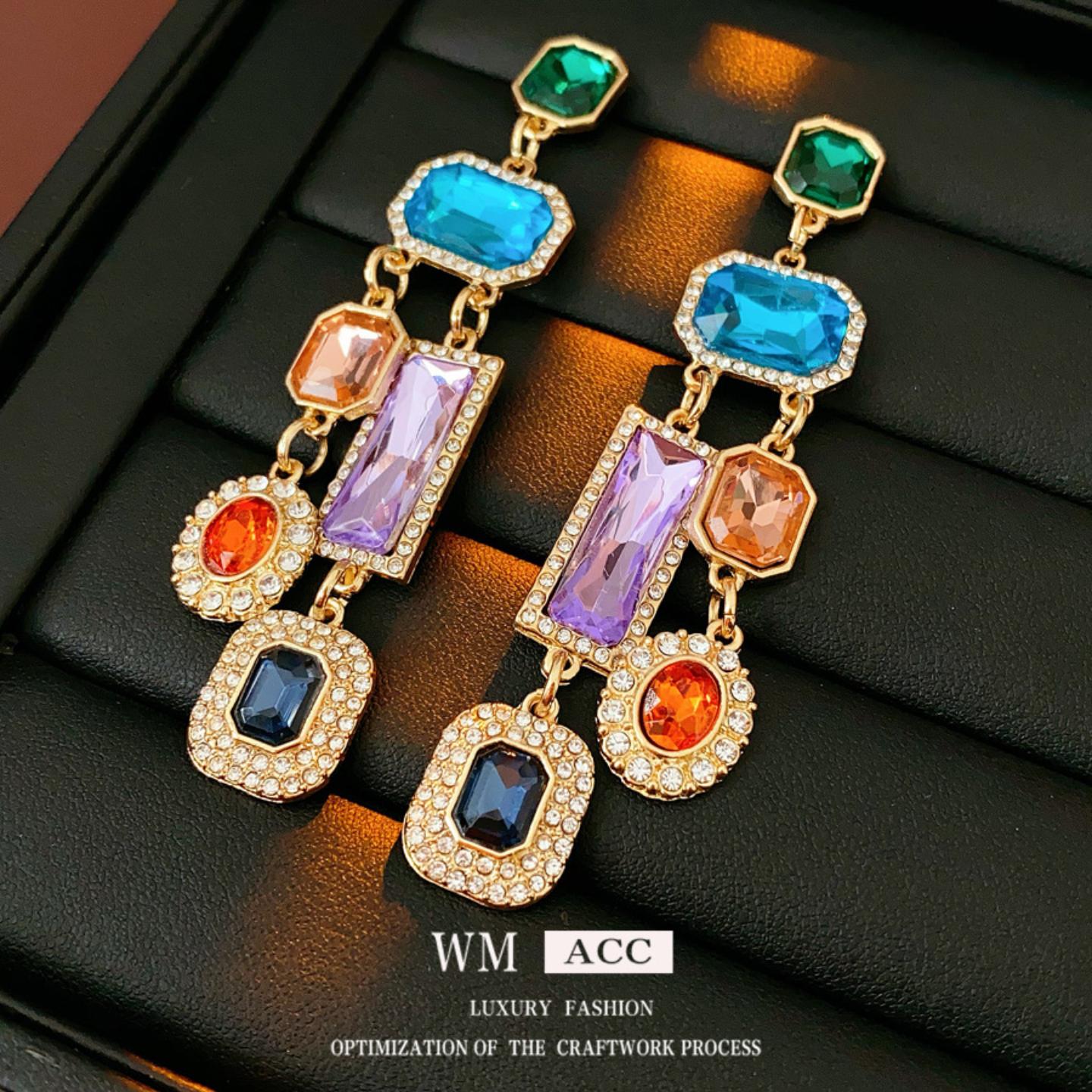 中古vintage轻奢耳环银针镶钻方形流苏耳钉复古宫廷风高级感耳饰