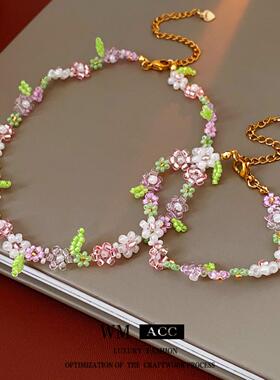 度假风花朵串珠锁骨链女套装