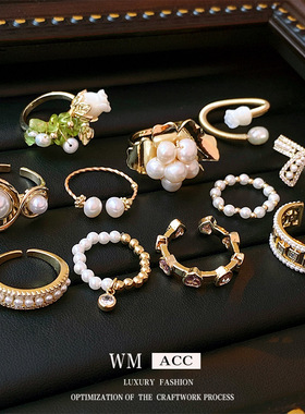 真金电镀巴洛克珍珠郁金香花朵开口戒指韩国清新甜美森系轻奢手饰