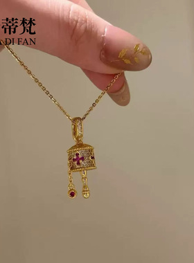 小红书爆款沙金玫红钻十字架拨浪鼓吊坠项链复古轻奢高级感锁骨链