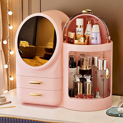 化妆品收纳盒高级感桌面防尘梳妆台带led镜子护肤品大容量置物架