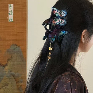 新中式 蝴蝶流苏刺绣抓夹女古风气质盘发后脑勺鲨鱼夹百搭汉服发饰