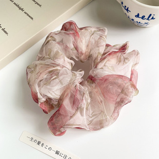 法式超仙印花欧根纱双层花朵大肠发圈女简约丸子头扎头发皮筋百搭