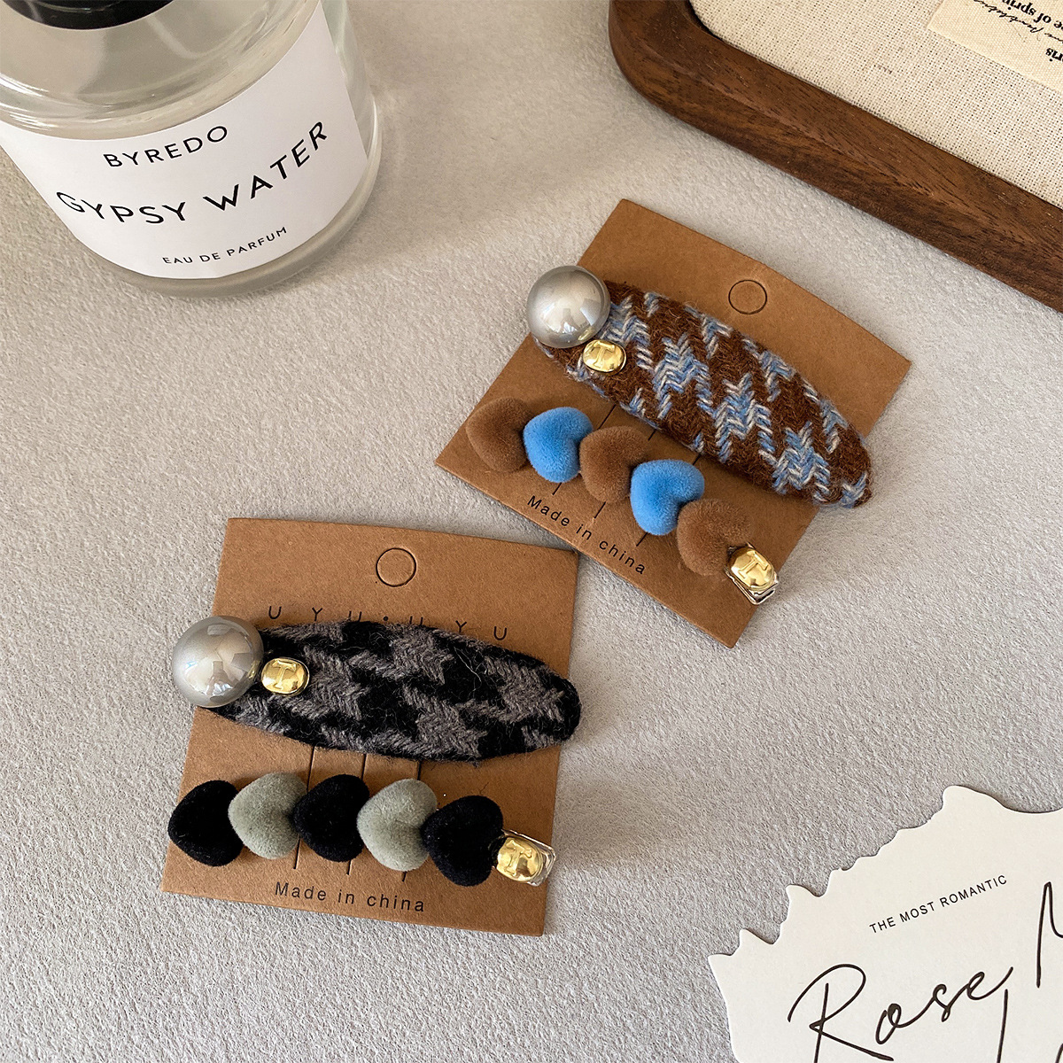 韩版小众设计头饰氛围减龄发夹秋冬格纹刘海夹气质鸭嘴夹爱心发饰