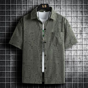 新款上衣潮流复古短袖男款印花2025夏季翻领衬衫痞帅工装短袖衬衣