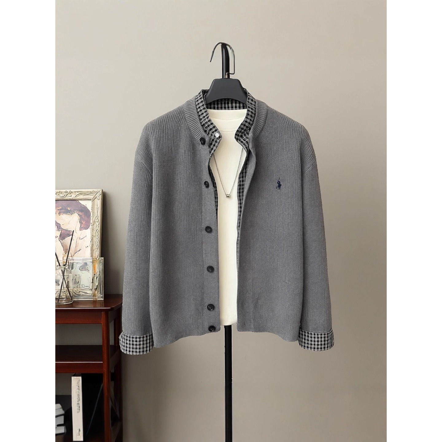 拼接格纹针织开衫刺绣假两件毛衣