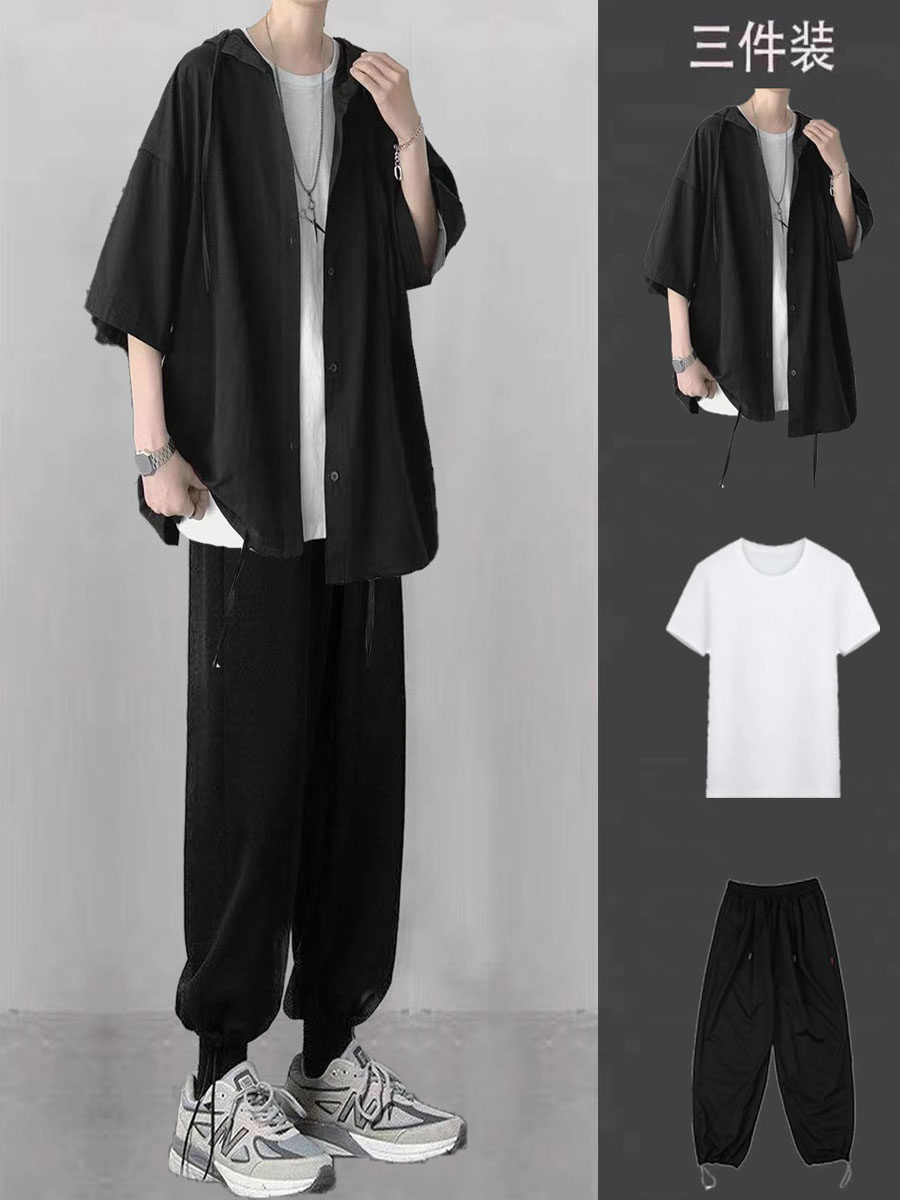 남성용 여름 반팔 셔츠 정장 대전차 7부소매 셔츠 재킷 남성용 세트 스포츠 쓰리피스 트렌디 슈트