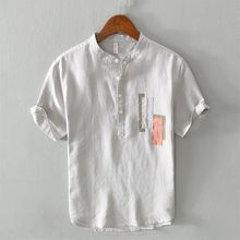 休闲男2025新款夏季衬衫轻薄立领拼接棉麻短袖衬衣冰丝亚麻T恤潮