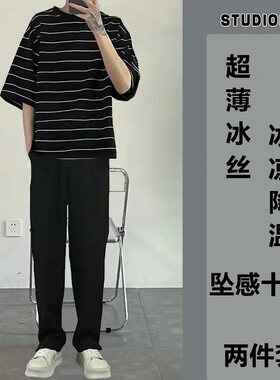 薄款条纹半袖透气休闲潮男两件套