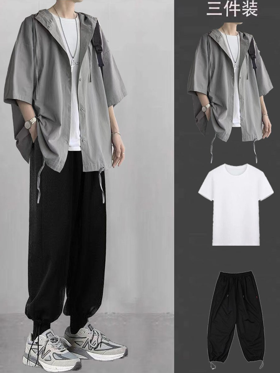 남성용 여름 반팔 셔츠 정장 대전차 7부소매 셔츠 재킷 남성용 세트 스포츠 쓰리피스 트렌디 슈트