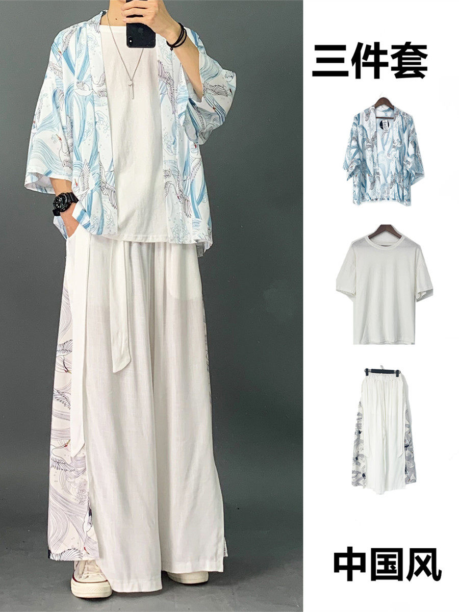 여름 당나라 정장 세 조각 도교 가운 남자 한복 유행 중국 스타일 고대 스타일 민족 스타일 정장 얼음 실크