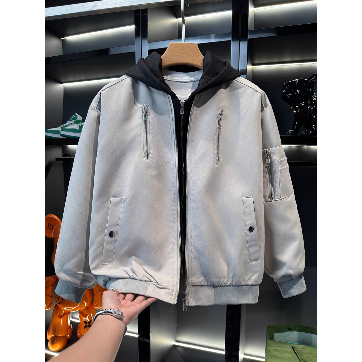 飞行员卫衣假两件连帽夹克外套男
