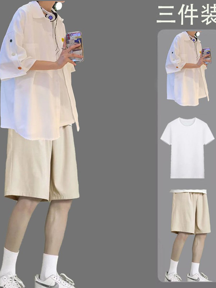 홍콩 스타일 남성 여름 캐주얼 슈트 한국 스타일 트렌디한 반팔 셔츠 반바지와 핸섬 세트 남성 쓰리피스 슈트