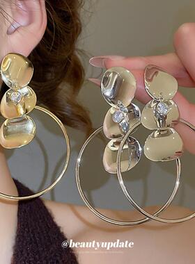 银针欧美不规则圆形铁片吊坠耳环夸张气质耳钉耳坠轻奢高级感耳饰