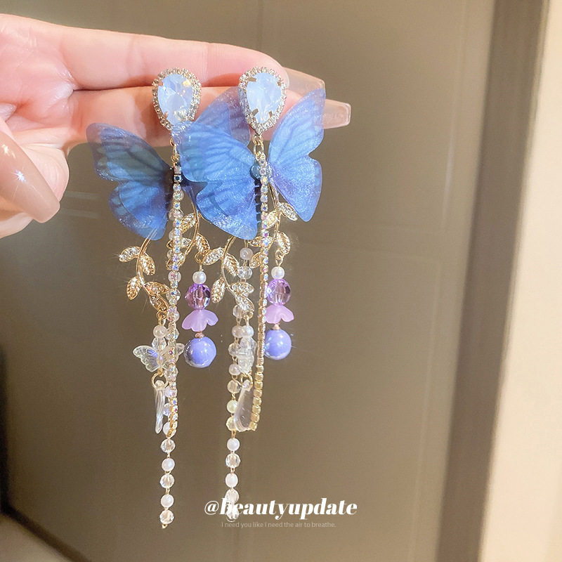 银针镶钻水晶网纱蝴蝶珍珠耳环长款流苏超仙耳钉耳坠高级感耳饰女