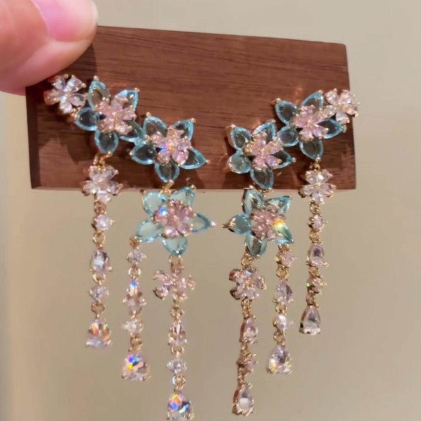 银针蓝花彩钻流苏耳环｜森系仙气