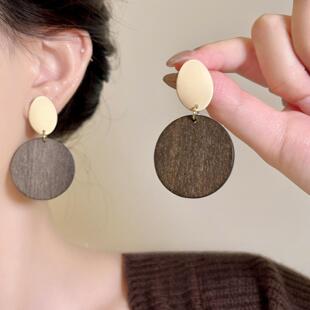 银针木片几何圆形吊坠耳环波西米亚耳坠耳钉小众高级感复古耳饰女
