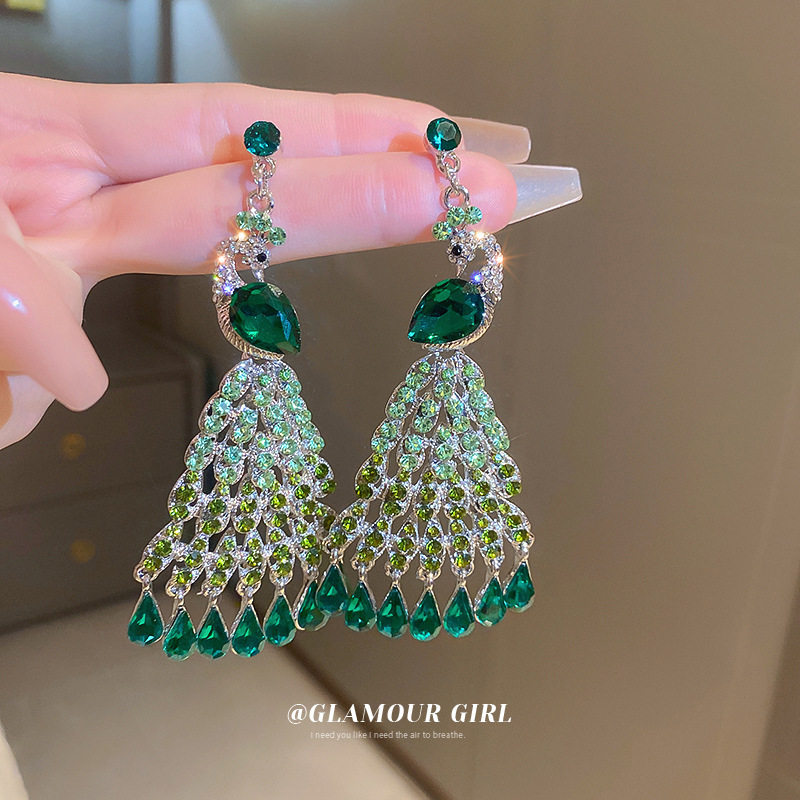 银针镶钻水晶孔雀流苏耳环时尚创意风耳坠欧美夸张大气耳饰女