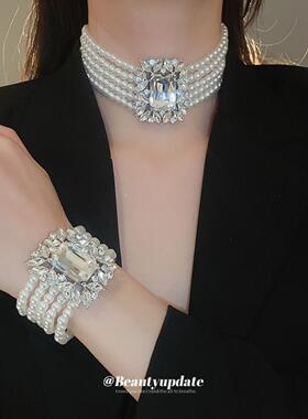 法式轻奢锆石多层珍珠项链耳环手链套装时尚锁骨链高级感小众饰品