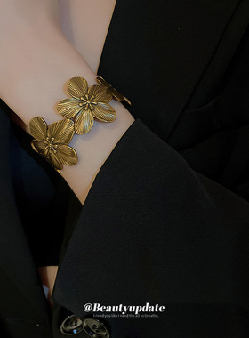 中古vintage花朵开口手镯欧美小众时尚手环复古高级感手饰女