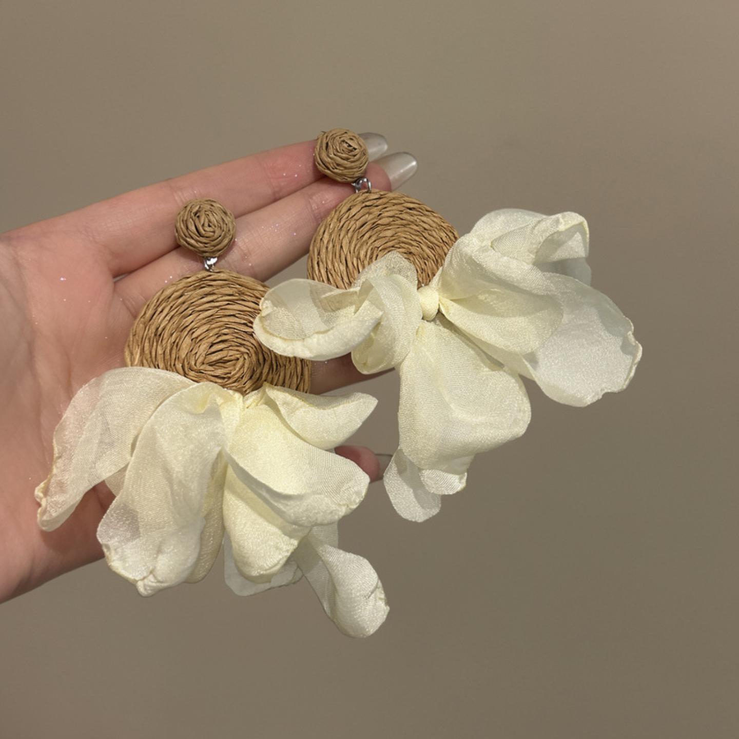 银针雪纺拉菲草圆形吊坠耳钉海边