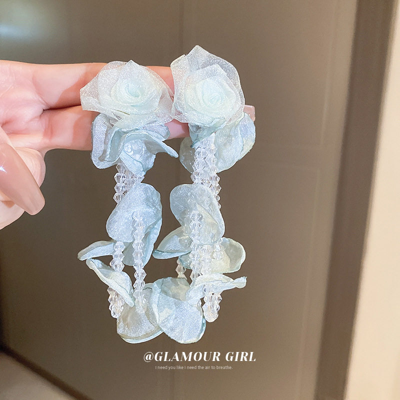 银针欧根纱花朵水晶流苏耳环小众清新甜美设计耳坠时尚个性耳饰女