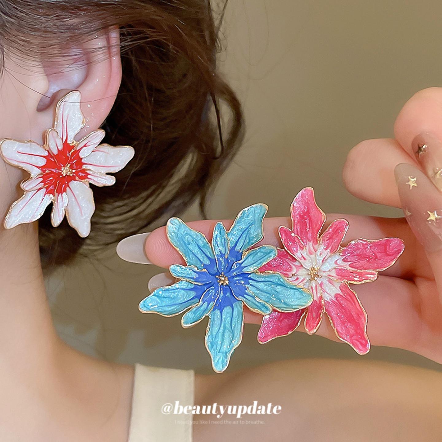银针春夏度假风滴油花朵耳钉女
