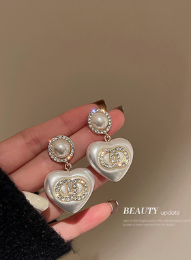 银针镶钻珍珠双圈爱心耳环法式轻奢小众百搭耳坠气质高级感耳饰女