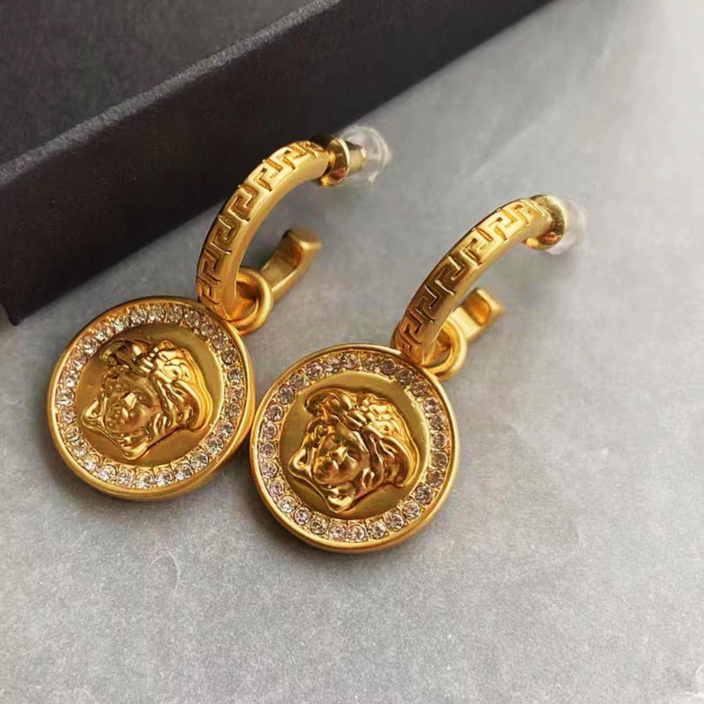银针镶钻圆形狮子头耳钉vintage中古小众气质耳环轻奢高级感耳饰