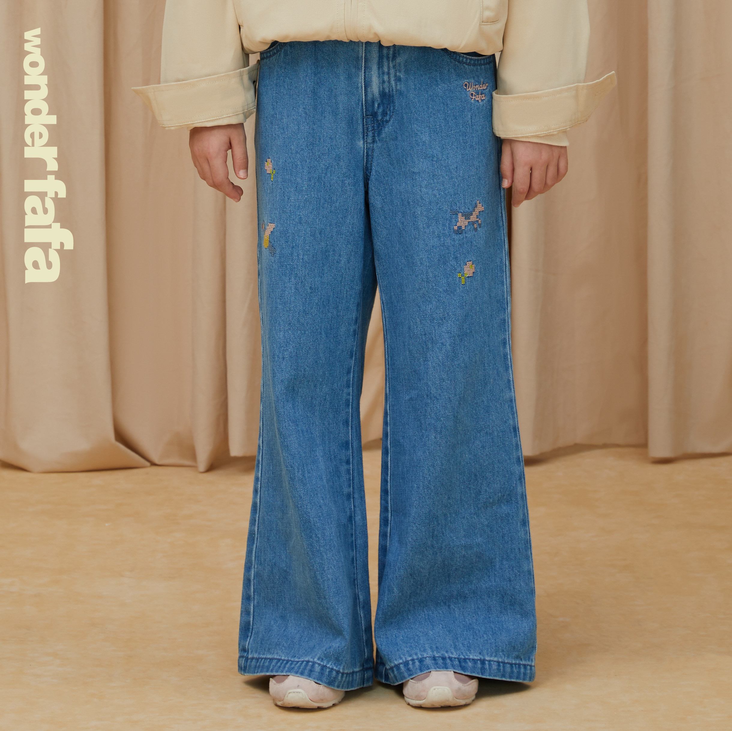 wonderfafa童装 女童刺绣牛仔裤阔腿裤 2026秋冬新款