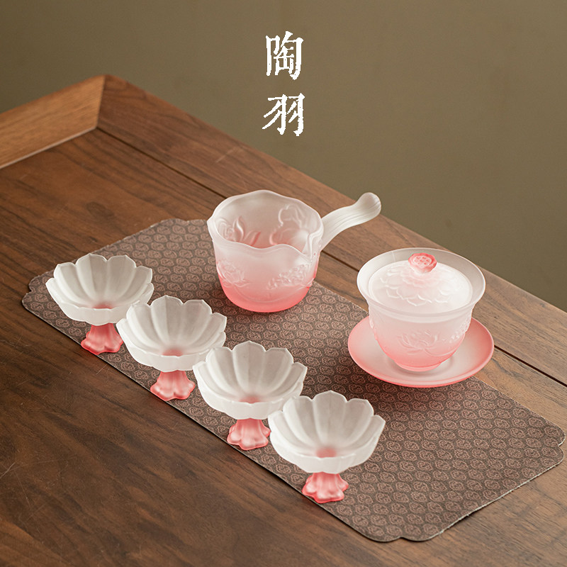 粉雾荷塘月色三才盖碗配四杯家用创意玻璃茶杯高档功夫茶具小套组
