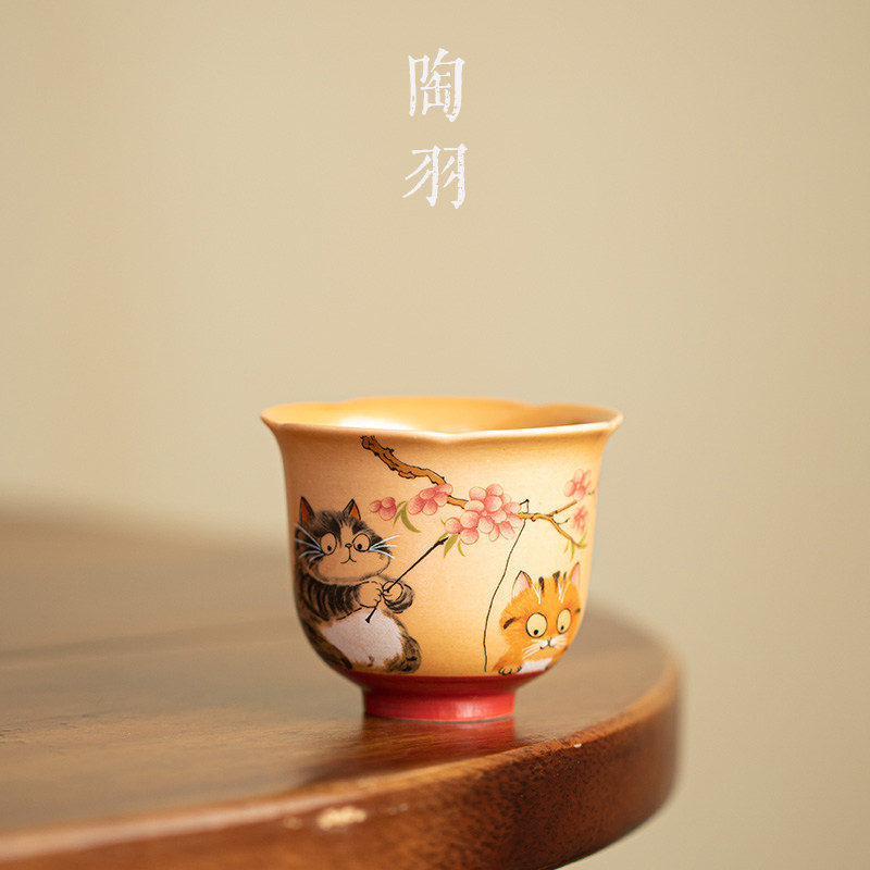 仿柴烧花涧喵趣花瓣小客杯轻奢家用陶瓷茶杯高档个人专用品茗杯