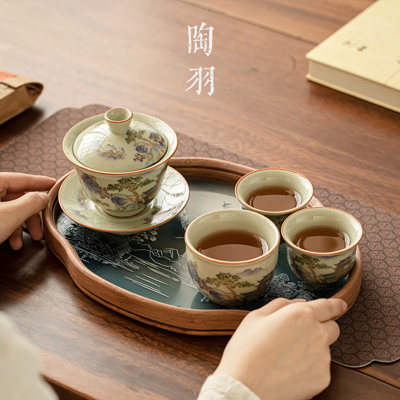 汝窯金山水三才蓋碗功夫茶具
