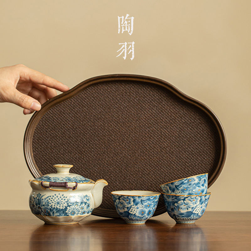汝窑金万花手抓壶一壶三杯茶杯茶盘泡茶器单个家用功夫茶具小套装