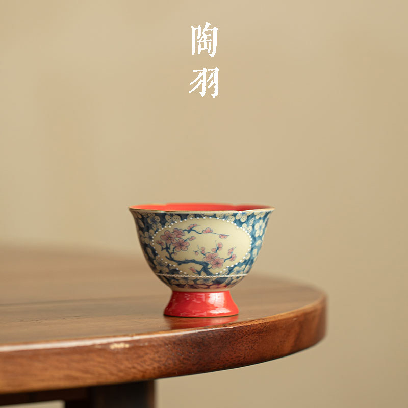 宫墙红梅兰高足梅花杯家用防烫陶瓷茶杯单杯功夫茶具梅花纹主人杯